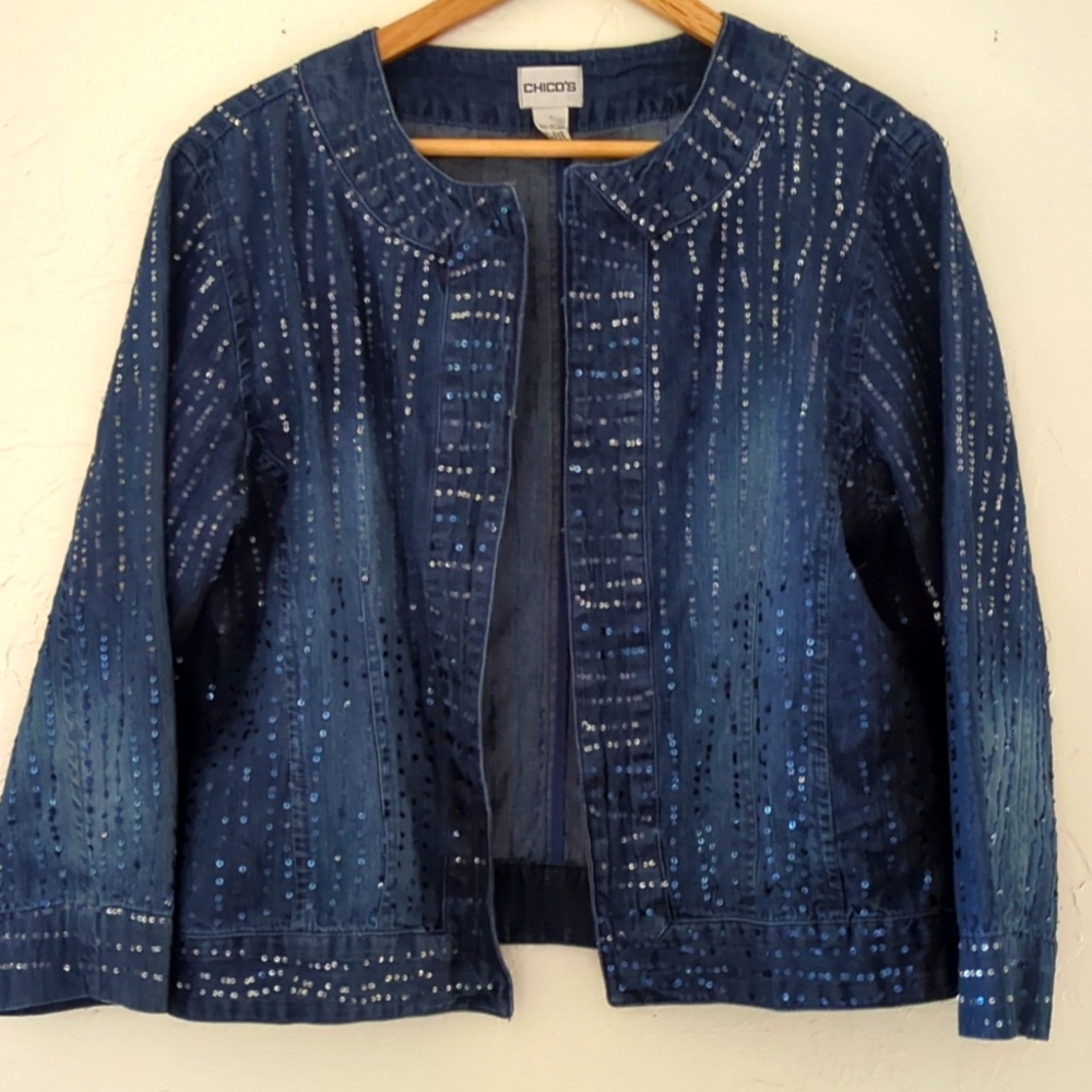 Chicos Denim Sequin Size L Jacket - image 1